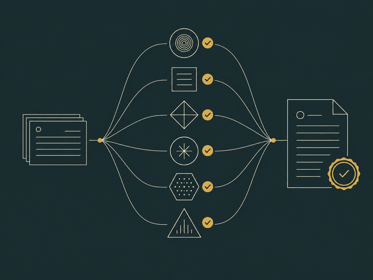Diagram: a catalog flows through checks against every PRO and identifier, coming out verified and registered.